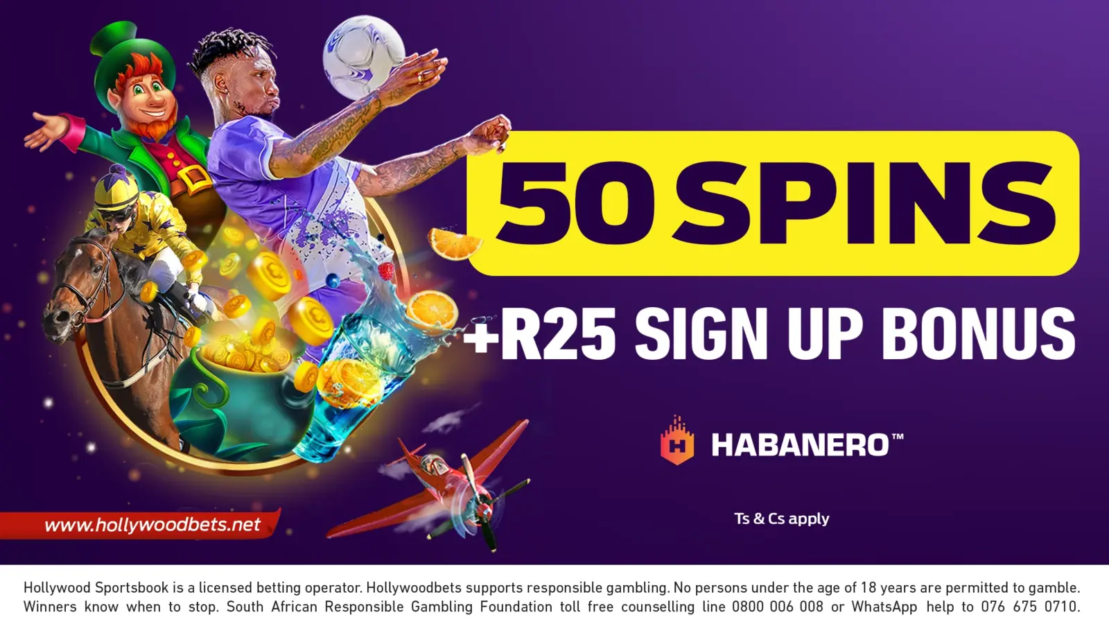 Hollywoodbets promotion for 50 spins and a R25 sign-up bonus on Spina Zonke Habanero slots