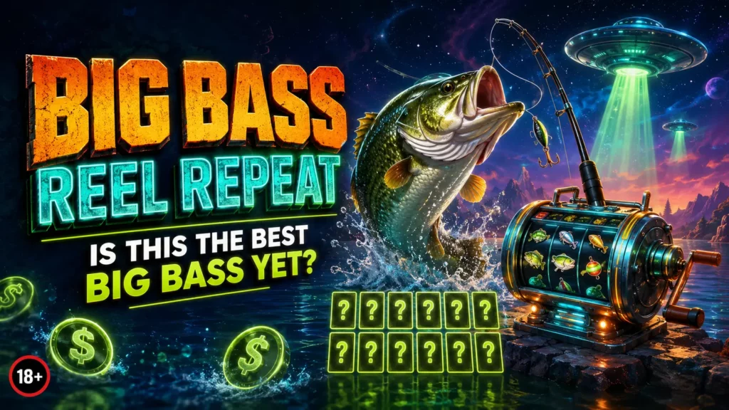 Big Bass Reel Repeat Playabets review graphic with a retro science fiction fishing slot theme