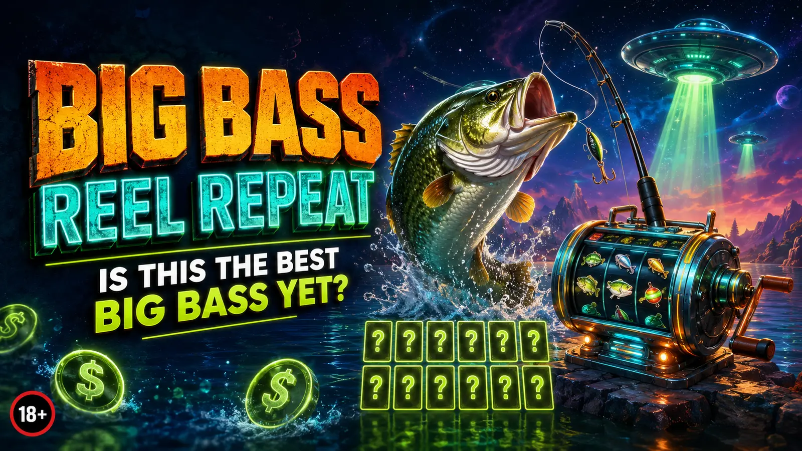 Big Bass Reel Repeat Playabets review graphic with a retro science fiction fishing slot theme