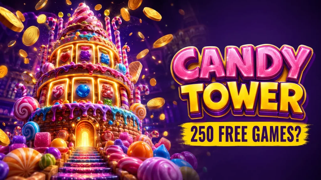 Candy Tower Spina Zonke review graphic featuring a candy slot tower and 250 free games question