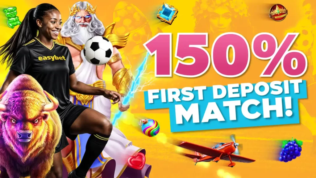 EasyBet promotional graphic advertising a 150 percent first deposit match
