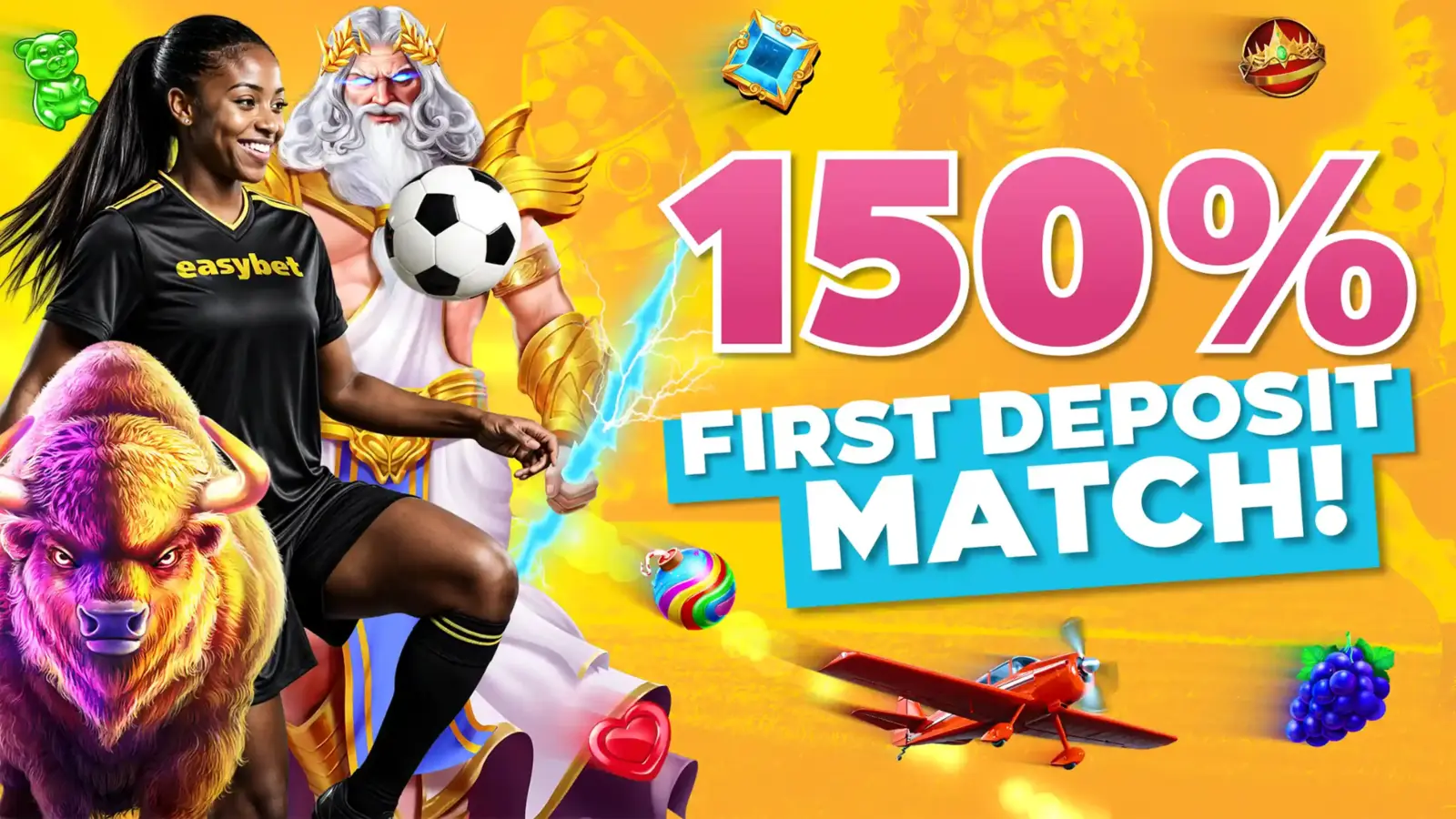 EasyBet promotional graphic advertising a 150 percent first deposit match