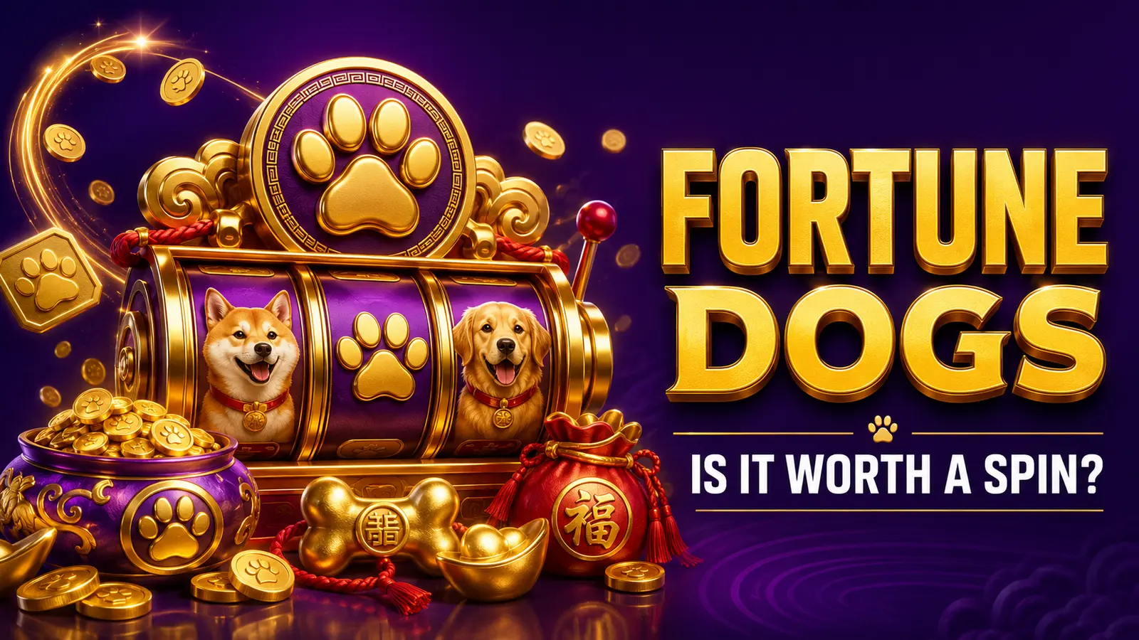 Fortune Dogs Spina Zonke review graphic with golden paw symbols and prize pots