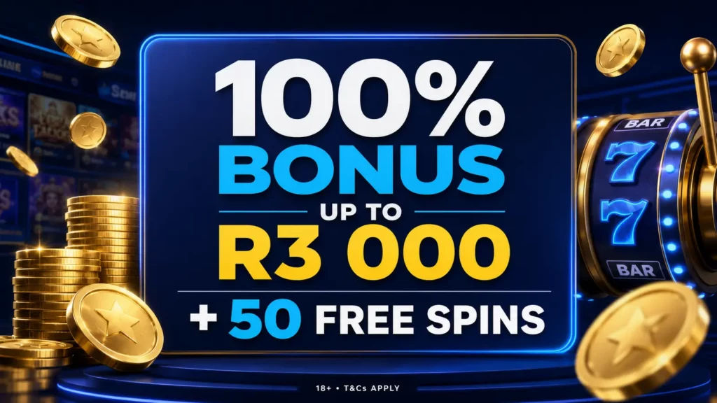 Playa Bets 100 percent first deposit casino bonus up to R3000 plus 50 free spins