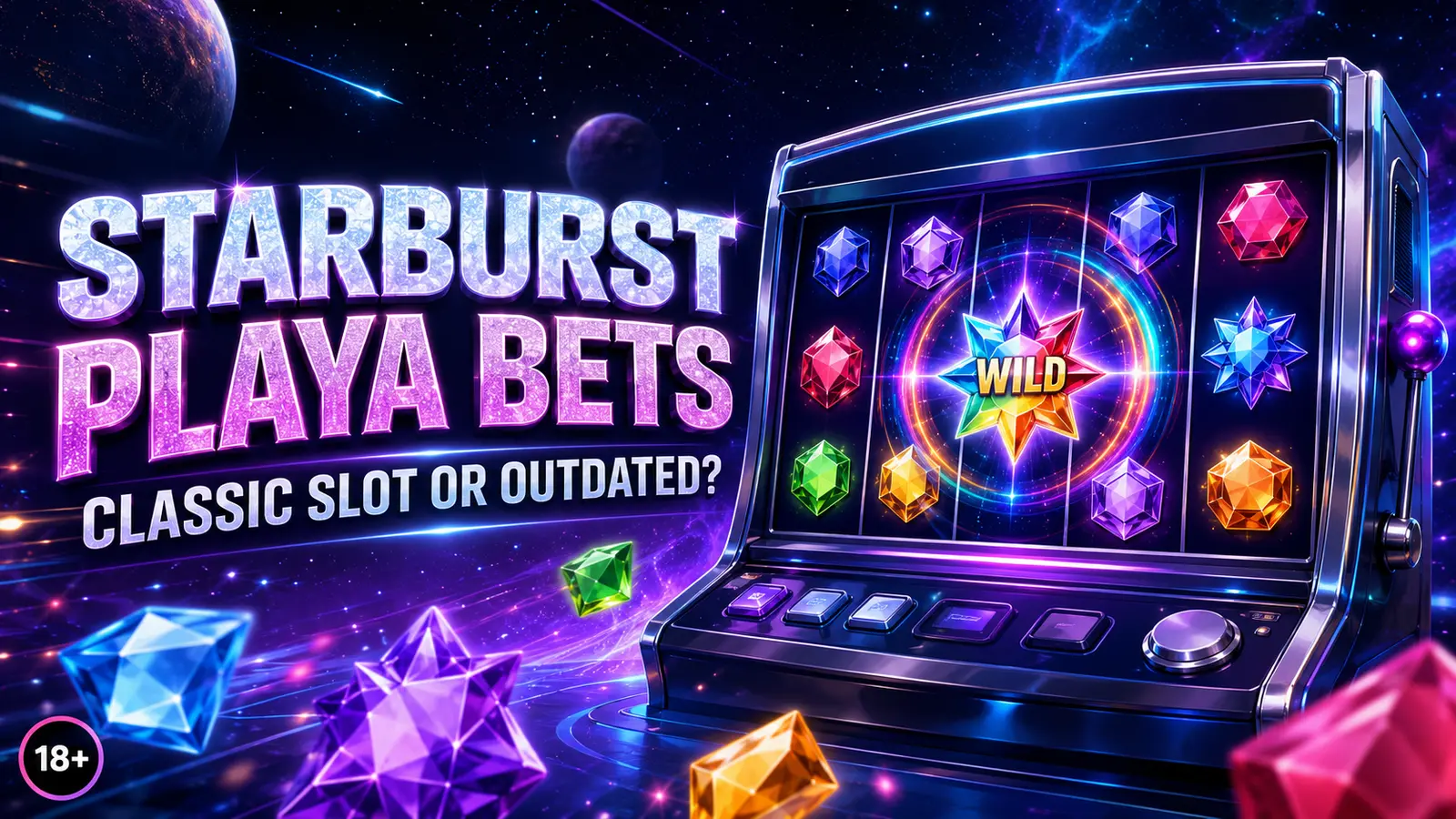 Starburst Playa Bets review graphic asking whether the classic space slot is outdated in 2026