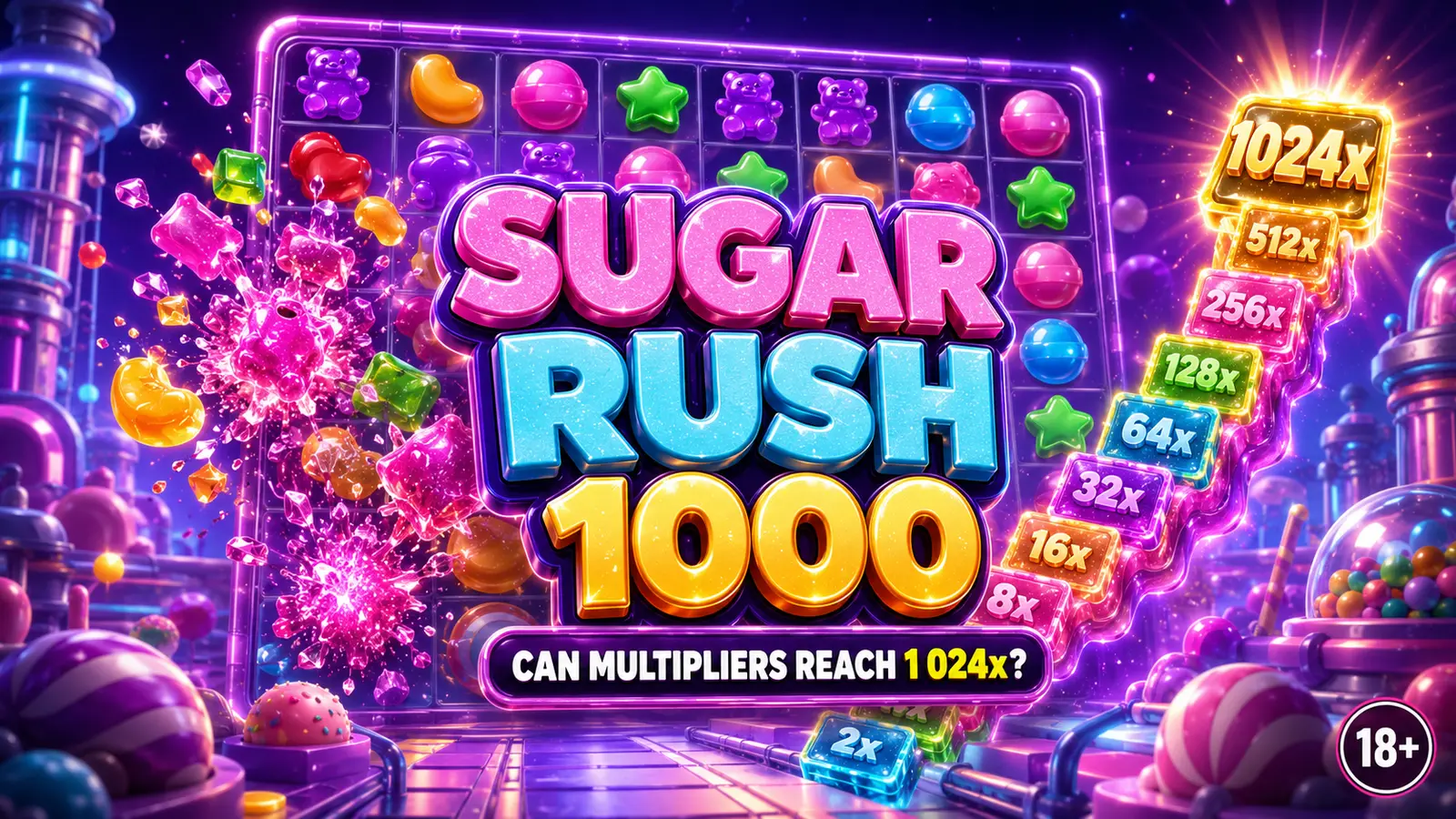 Sugar Rush 1000 Playabets review graphic showing candy clusters and multiplier spots up to 1024x